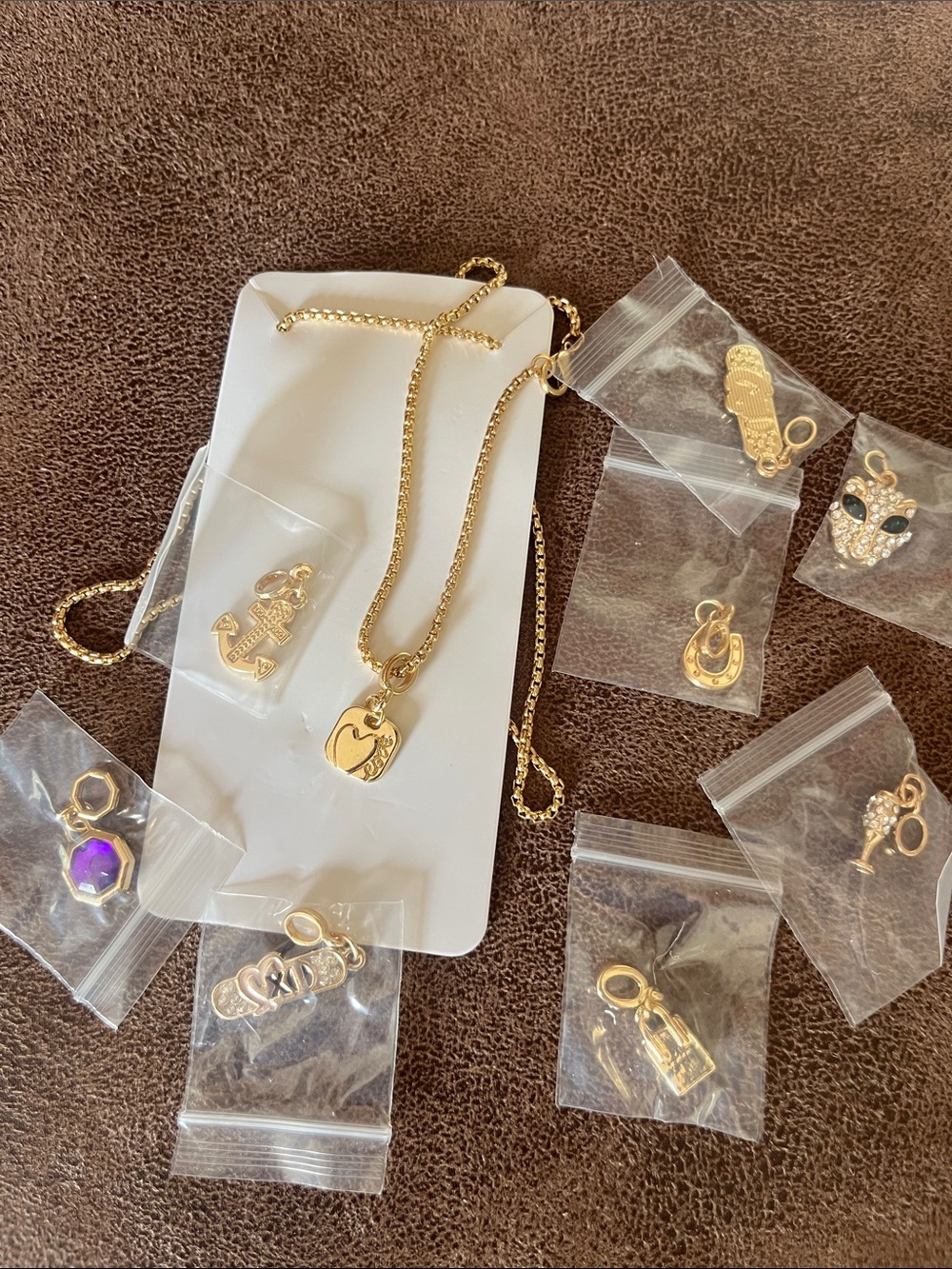 Gold chain long  Necklace with Multiple Gold Charms